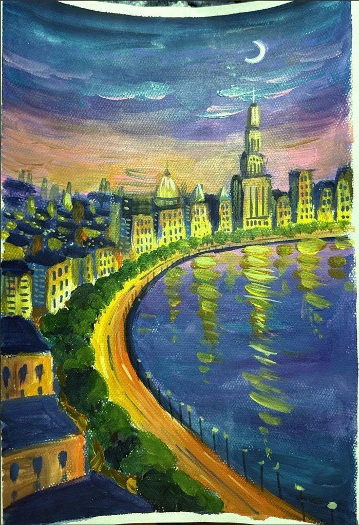 Oil painting of Shanghai street life at night