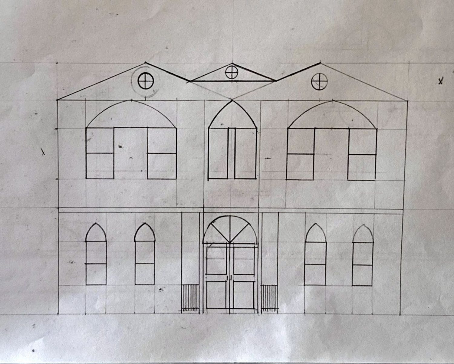 Pencil façade study with three pediments and arched openings
