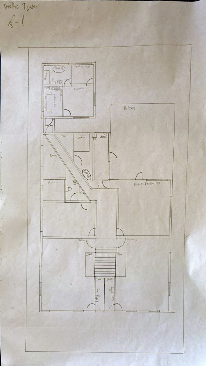 Pencil house plan with rooms, balcony and stair