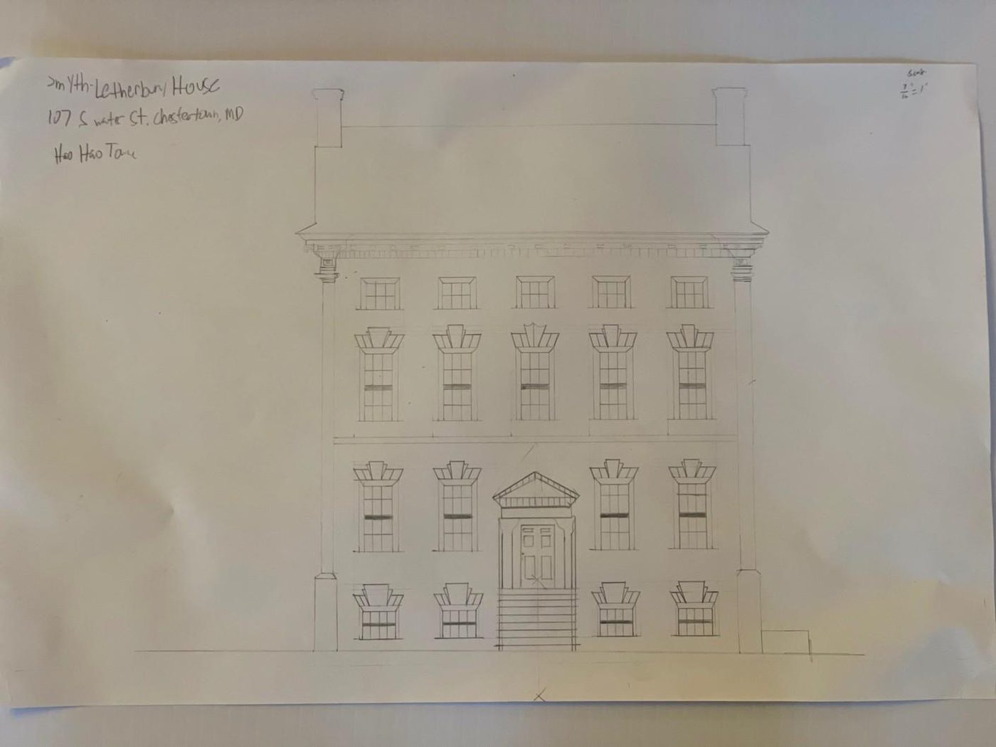 Measured pencil façade of the Leatherbury House, Chestertown