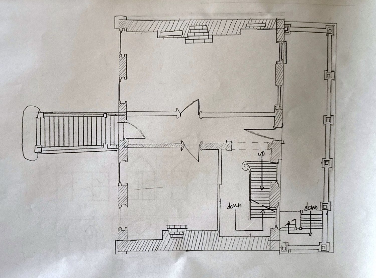 Measured pencil plan with stair and hatched walls