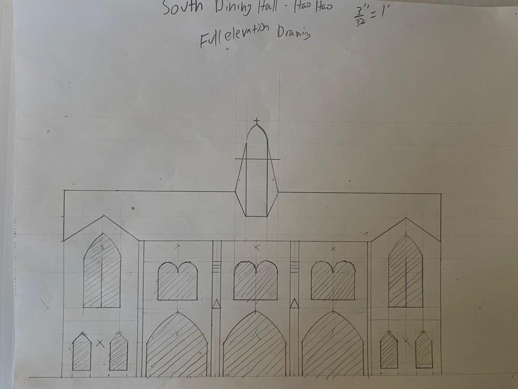 Pencil elevation of the South Dining Hall
