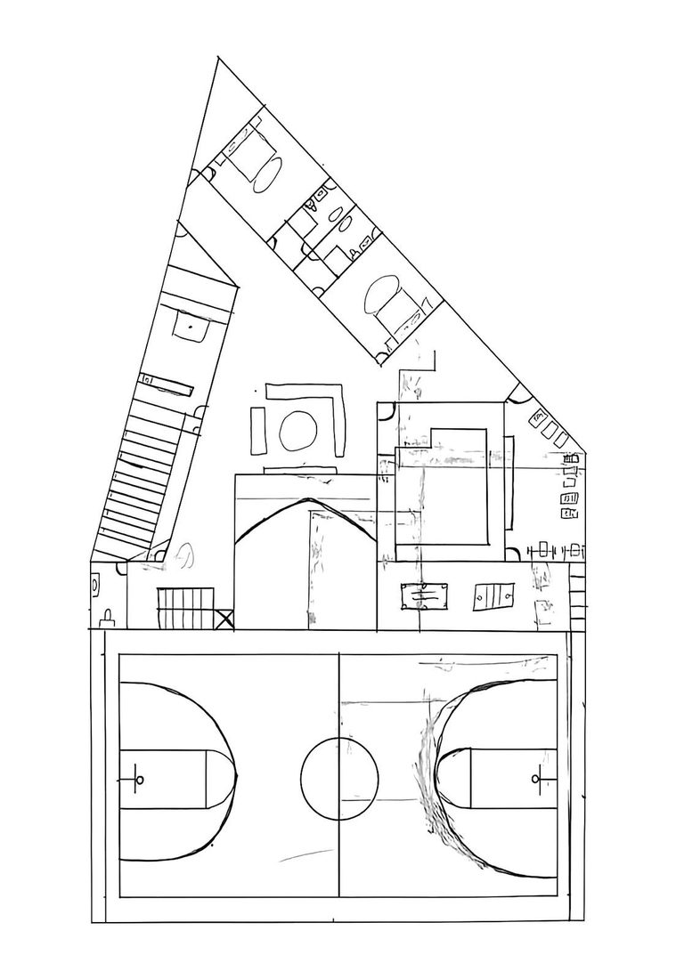 Plan — living level, stair at the centre