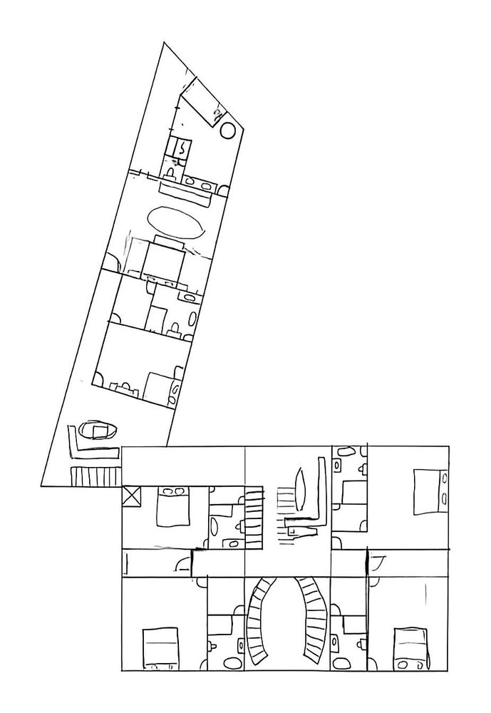 Plan — bedrooms and bath along the slope