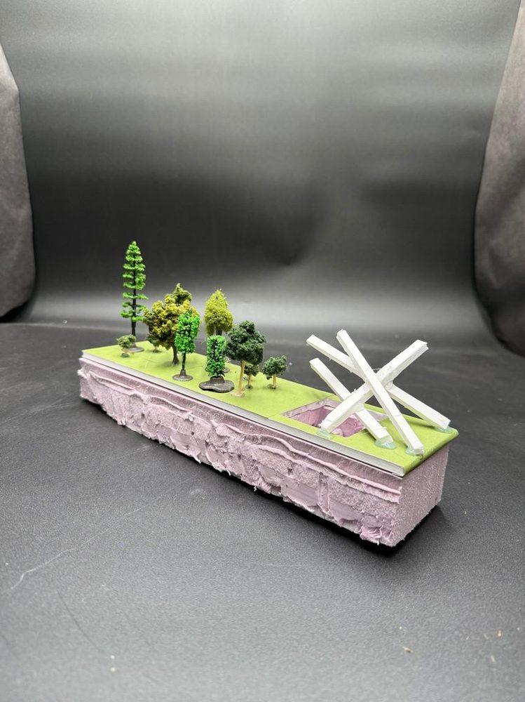 Model — the long edge against the backdrop