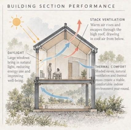 Building section performance — daylight, stack ventilation, thermal comfort
