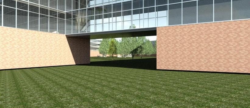 Northfield 2050 — the covered civic entrance and the courtyard beyond