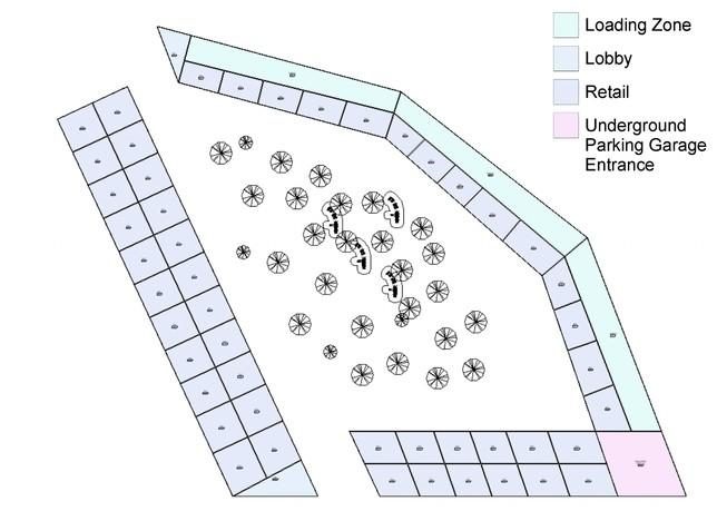 Axonometric — loading, service and the entry sequence