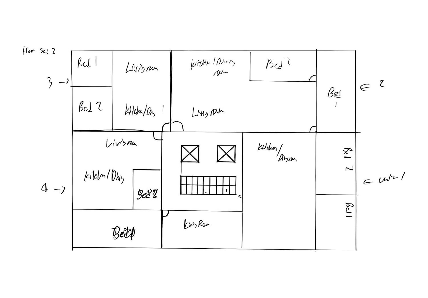 Plan study — dwellings, cores and a shared deck