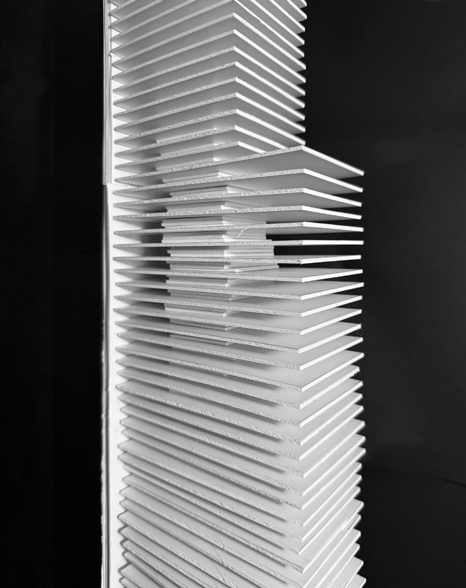 Model, middle — shear wall behind the stack