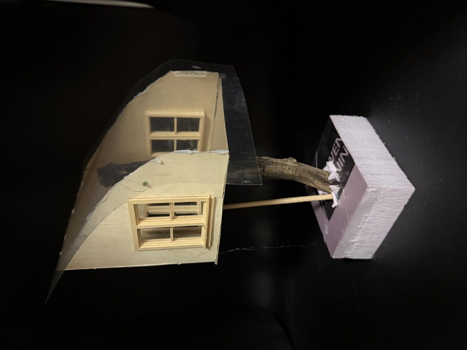 Model — the curved roof and the timber crown